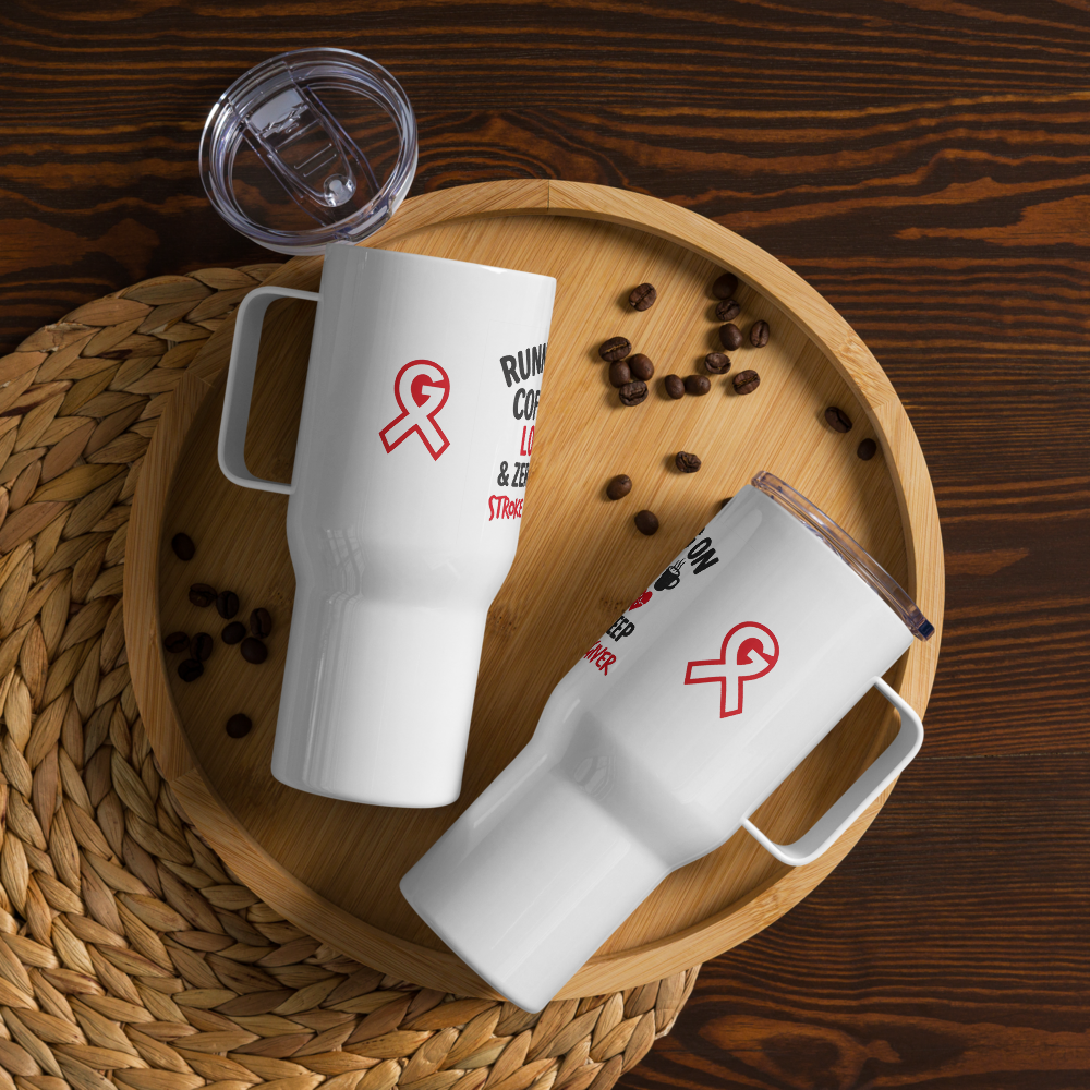 "Running on Coffee" Travel mug with a handle
