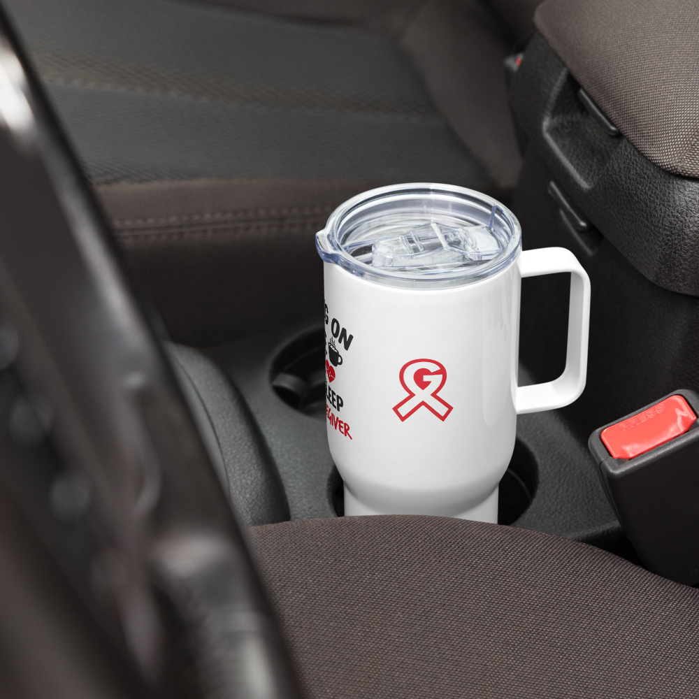 "Running on Coffee" Travel mug with a handle