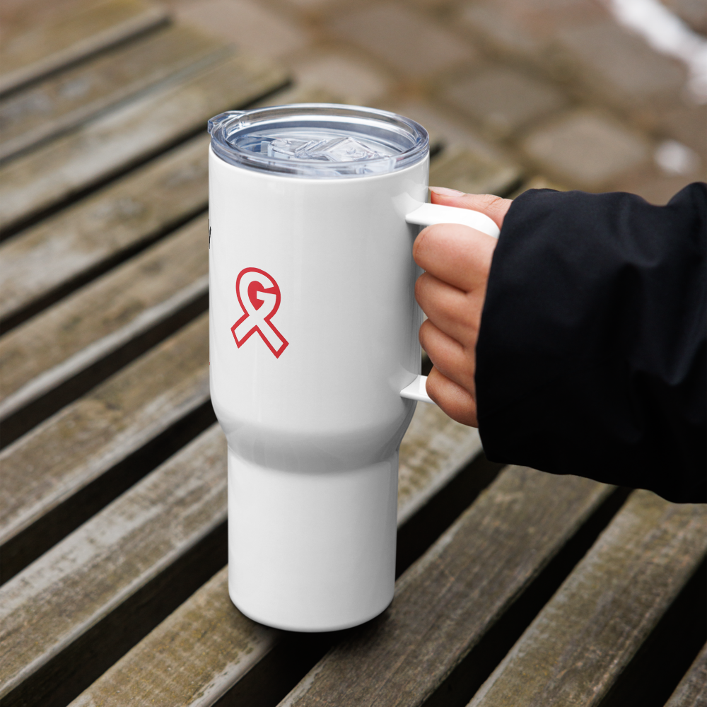 "Running on Coffee" Travel mug with a handle